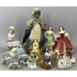 LLADRO FIGURE OF A GIRL - with basket and umbrella with cats at her feet, 29cms H, Nao figure of a