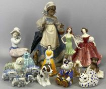 LLADRO FIGURE OF A GIRL - with basket and umbrella with cats at her feet, 29cms H, Nao figure of a