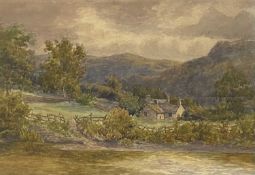 JOSIAH CLINTON JONES (British 1848 - 1936) watercolour - man walking down lane by cottage and