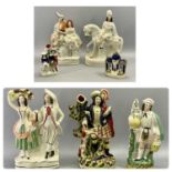 STAFFORDSHIRE FLATBACK FIGURES - late 19th century Scottish equestrian figure, 37cms H, two pairs of