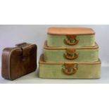 HOMA 'VICTOR' LUGGAGE - graduated set of three vintage canvas and brown leather suitcases, 19 x 70 x