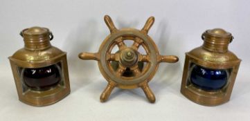 SMALL MAHOGANY SHIP'S WHEEL - with brass fittings and stand, 19cms H, 32cms diameter and a pair of