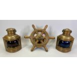 SMALL MAHOGANY SHIP'S WHEEL - with brass fittings and stand, 19cms H, 32cms diameter and a pair of