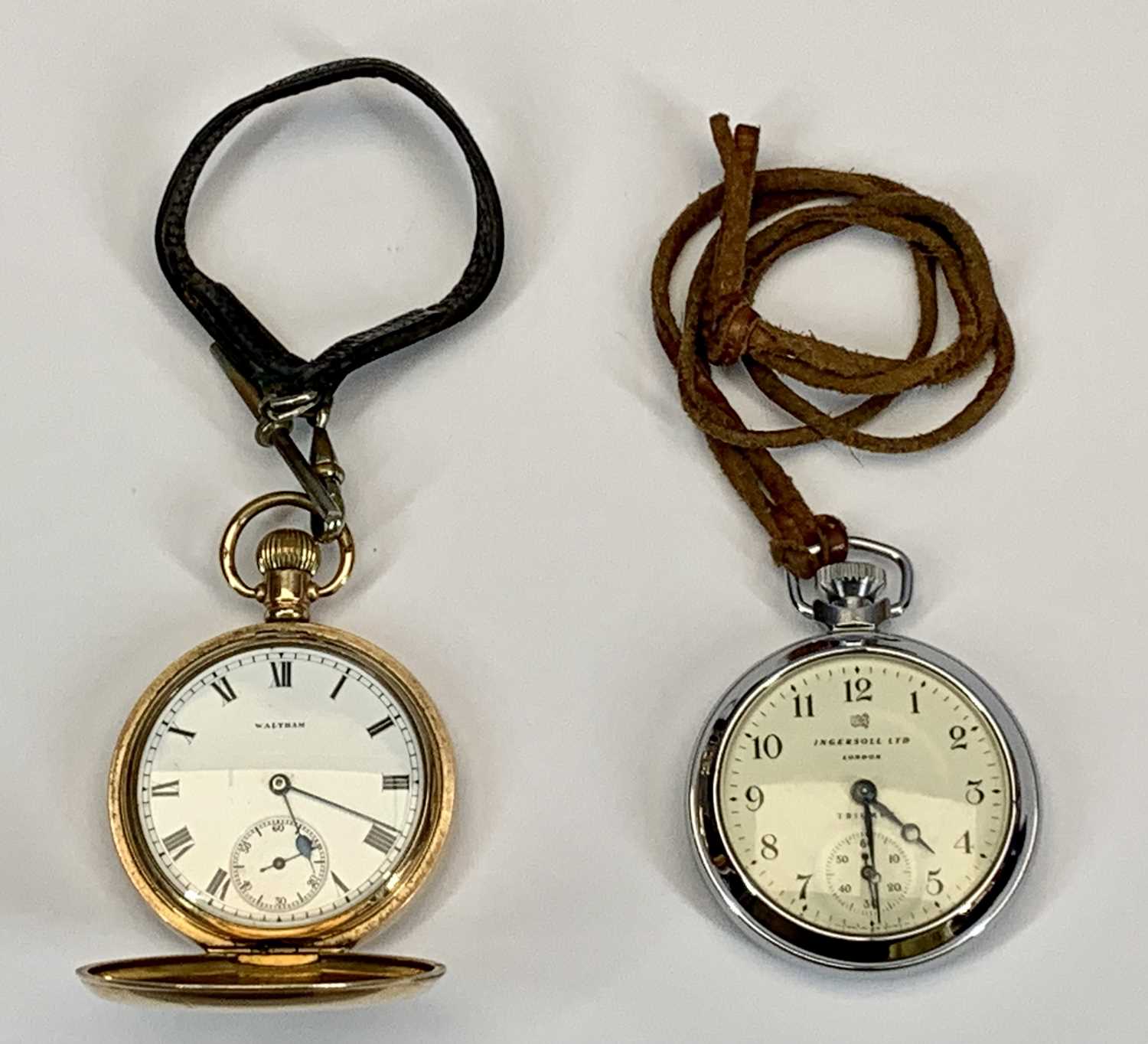 WALTHAM GOLD PLATED FULL HUNTER POCKET WATCH - top wind, white enamel dial with black Roman numerals