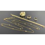 9CT GOLD DRESS RINGS (2) and three further items of costume jewellery, one ring in crossover
