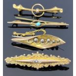 9CT GOLD BAR BROOCHES (4) - to include a bicolour Victorian example set with three seed pearls,