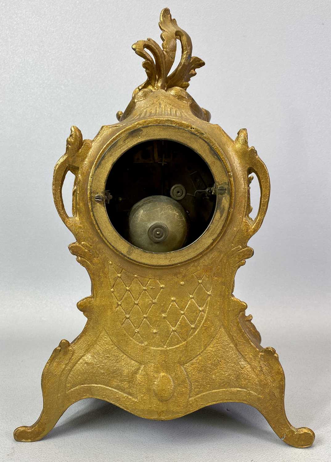 A FRENCH ROCOCO STYLE GILT PAINTED MANTEL CLOCK - late 19th century, circular porcelain dial hand - Image 3 of 5