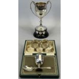 HALLMARKED SILVER (7)- a two handled trophy 1926, scrolled loop handles engraved 'Court Cafe