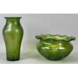 LOETZ STYLE GLASSWARE - slender green glass vase with iridescent stripes and roundels, 25cms H,