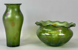 LOETZ STYLE GLASSWARE - slender green glass vase with iridescent stripes and roundels, 25cms H,
