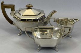 ART DECO STYLE SILVER 3 PIECE TEA SERVICE - Sheffield 1933, Maker Thomas Turner & Co, octagonal