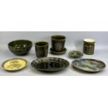 ARTHUR WOOD MEDALLION POTTERY - green glazed jardinieres (2), 18cms H the tallest, a similar