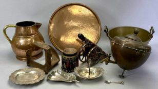 ANTIQUE COPPER MILK JUG with brass loop handle, 24cms H, circular copper tray, 38cms diameter, heavy