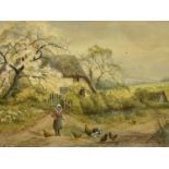 H MURRAY watercolour - young girl with chickens on a country cottage lane, signed lower left, 24 x