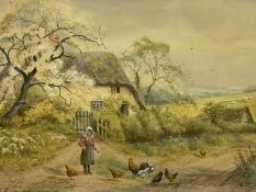 H MURRAY watercolour - young girl with chickens on a country cottage lane, signed lower left, 24 x