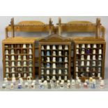 SOUVENIR CHINA THIMBLES COLLECTION and other thimbles with wooden display stands