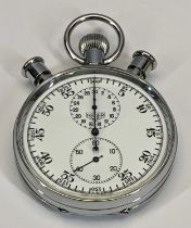 A HEUER VINTAGE POCKET STOPWATCH - stainless steel case with winding crown and twin pushers, white