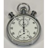 A HEUER VINTAGE POCKET STOPWATCH - stainless steel case with winding crown and twin pushers, white