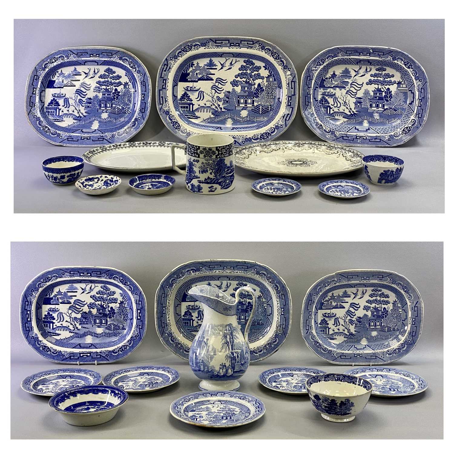 STAFFORDSHIRE BLUE & WHITE TRANSFER WARE POTTERY - late 19th century, six oval indented meat