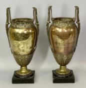 FRENCH BRONZE VASES, A PAIR - of baluster form, cast with floral decoration and with double snake