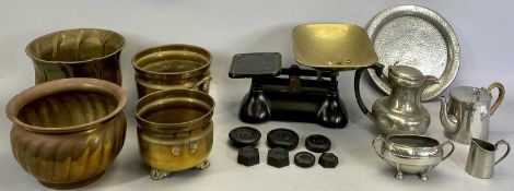 SET OF METAL KITCHEN SCALES with brass pan and metal weights, a hammered pewter teapot, hot water