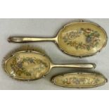 EMBROIDERED BACK & SILVER 3 PIECE DRESSING TABLE, HAND MIRROR & BRUSH SET - Chester 1938, Maker