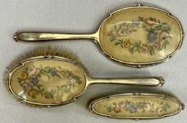 EMBROIDERED BACK & SILVER 3 PIECE DRESSING TABLE, HAND MIRROR & BRUSH SET - Chester 1938, Maker