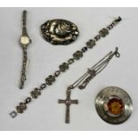 SILVER, SILVER & MARCASITE, WHITE METAL JEWELLERY, 5 ITEMS - an Accurist 925 stamped silver and