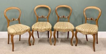 ANTIQUE WALNUT DINING CHAIRS - a set of four balloon backs with upholstered seats, 86cms H, 44cms W,