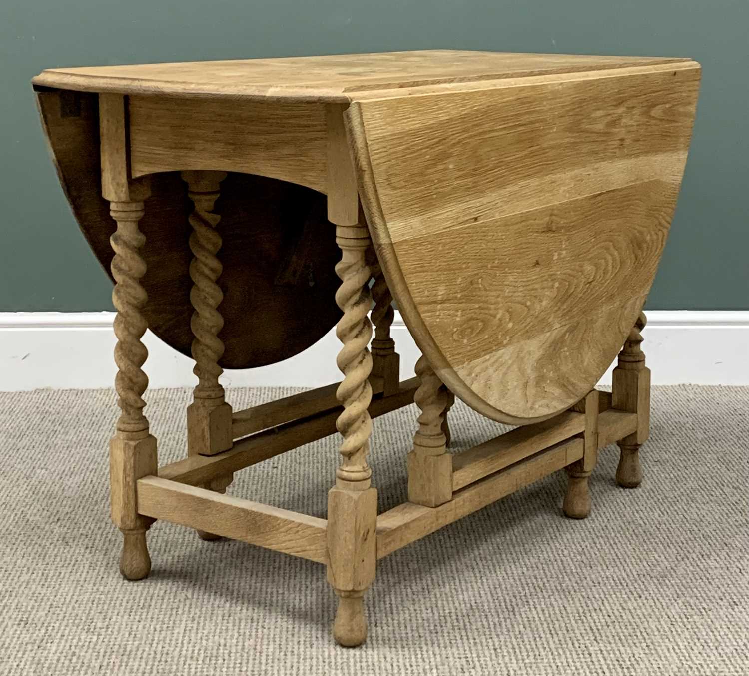 BARLEY TWIST GATE LEG TABLE - bleached oak, 74cms H, 149cms W, 107cms D (open) - Image 3 of 4