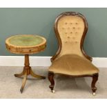VICTORIAN MAHOGANY LADY'S SPOONBACK CHAIR - on scrolled supports and castors, 90cms H, 60cms W,