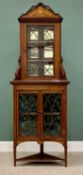 CIRCA 1900 INLAID MAHOGANY TWO PIECE CORNER DISPLAY CABINET - the upper section with inlaid and