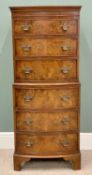 REPRODUCTION WALNUT CHEST ON CHEST - a narrow bow front example having six drawers, on bracket feet,