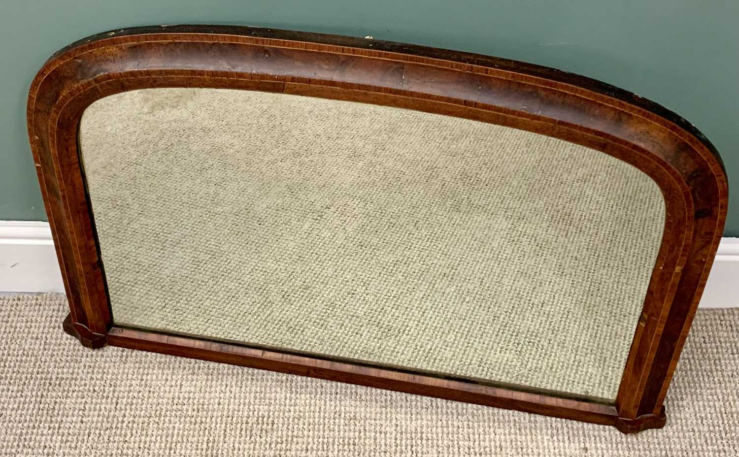 PLUS LOT 17 - OVERMANTEL WALL MIRROR - cross banded burr walnut with arched top, 61cms H, 99cms W,