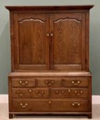 ANTIQUE OAK LINEN PRESS CUPBOARD - the upper section with two fielded panel doors, inner shelves and