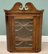 ANTIQUE OAK CORNER CUPBOARD - single astragal glazed door with shaped shelves and top, 112cms H,