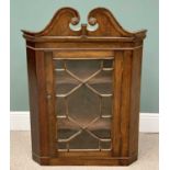 ANTIQUE OAK CORNER CUPBOARD - single astragal glazed door with shaped shelves and top, 112cms H,