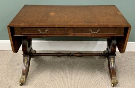 GOOD REPRODUCTION BURR WALNUT SOFA TABLE - with four opening drawers, brass decoration to the