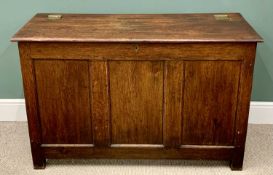 ANTIQUE OAK BLANKET CHEST - lift up hinged lid, the front having three fielded panels, 81cms H,