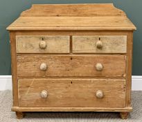 VICTORIAN STRIPPED PINE RAILBACK CHEST - of two short and two long drawers with turned wooden