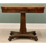 REGENCY ROSEWOOD FOLDOVER CARD TABLE - on a stepped square column and quatrefoil base, baize lined