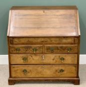 ANTIQUE CROSSBANDED WALNUT BUREAU - the fall front interior finely fitted with multiple drawers,