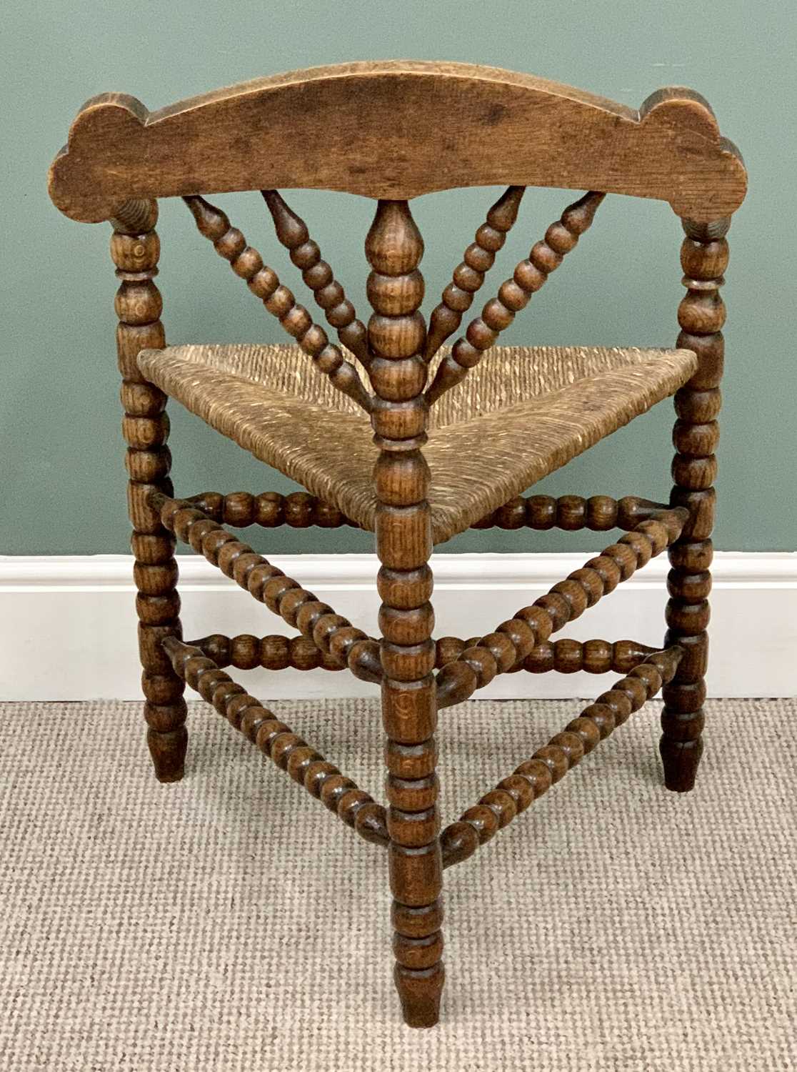 ANTIQUE OAK-TURNER'S CHAIR - carved bobbin detail with triangular rush seat, 86cms H, 58cms W, 39cms - Image 2 of 2