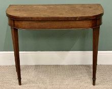 VICTORIAN MAHOGANY FOLDOVER CARD TABLE - interior baize top, on tapered supports, 73cms H, 92cms