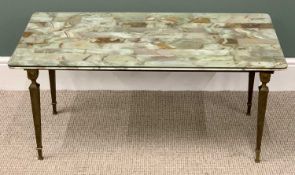 EMPIRE STYLE COFFEE TABLE - with onyx top, tapered and reeded brass supports, 45cms H, 100cms W,