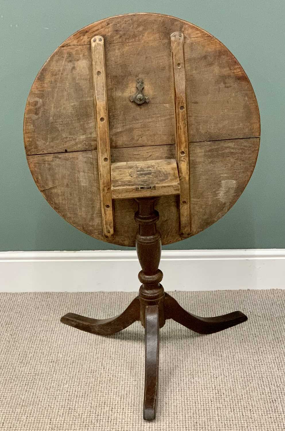 ANTIQUE OAK TILT TOP TRIPOD OCCASIONAL TABLE - circular top on a turned column support, 69cms H, - Image 3 of 3