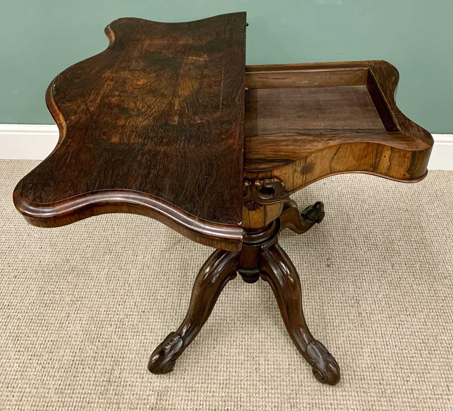 ANTIQUE ROSEWOOD FOLDOVER CARD TABLE - with serpentine shape top, bulbous segmented column on four - Image 4 of 6
