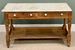 MARBLE TOPPED VINTAGE PINE BED CHAMBER WASHSTAND - having two frieze drawers with base shelf on
