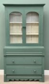 ANTIQUE PAINTED MAHOGANY BOOKCASE CUPBOARD - the top with twin glazed doors (one pane missing),