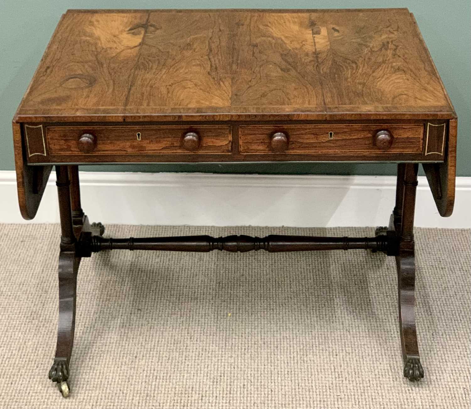 REGENCY ROSEWOOD SOFA TABLE - having two drawers and two opposing blind drawers, boxwood stringing
